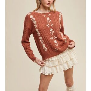 Rust Cable Knit Sweater with Floral Embroidery